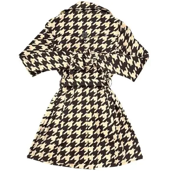 Women’s Vertigo Paris Tan and Brown Houndstooth Belted Trench Coat Sz xs - Picture 4 of 6